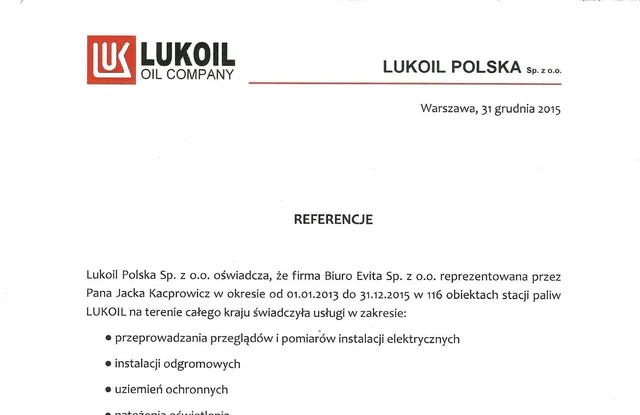Referencje za pomiary i przeglądy wykonane przez Biuro Evita w 116 obiektach